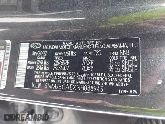 2022 Hyundai Tucson SEL z VIN 5NMJBCAEXNH088945, wystawiony jako IAAI lot #43153690 z przebiegiem 59 495 mil mil oraz . Historia ofert i sprzedaży dostępna na DreamBid. Obrazek 9.