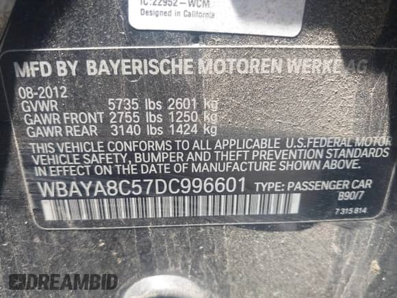 2013 BMW 7 Series 750i with VIN WBAYA8C57DC996601, listed as a IAAI auction lot 42497017 with 137,222 mi miles and . Bid and sale history available at DreamBid. Image 9.