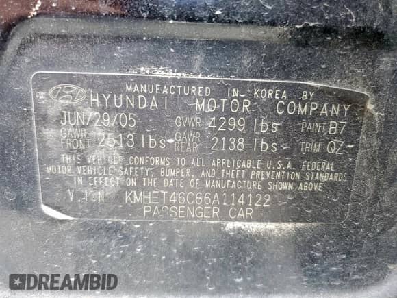 2006 Hyundai Sonata GL z VIN KMHET46C66A114122, wystawiony jako Copart lot #67100165 z przebiegiem 193 918 mil mil oraz Szkoda całkowita • Salvage title. Historia ofert i sprzedaży dostępna na DreamBid. Obrazek 12.