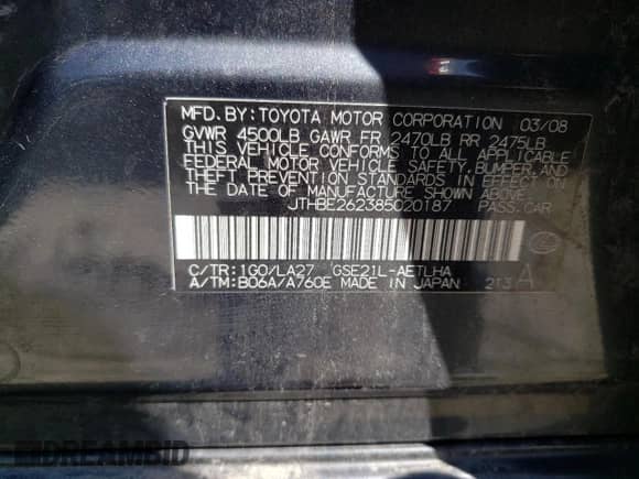 2008 Lexus IS 350 с VIN JTHBE262385020187, выставлен на аукционе Copart как лот 71997295 с пробегом 226 477 миль миль и На запчасти • Non repairable. История ставок и продаж доступна на DreamBid. Изображение 12.