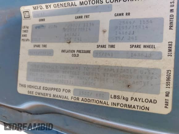 1987 Chevrolet S-10 with VIN 1GCCS14R0H8201321, listed as a IAAI auction lot 41943398 with 107,050 mi miles and . Bid and sale history available at DreamBid. Image 9.