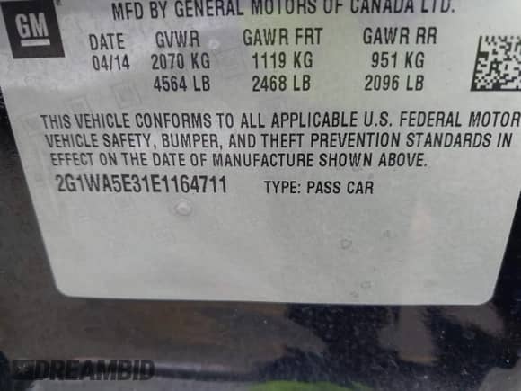 2014 Chevrolet Impala LS with VIN 2G1WA5E31E1164711, listed as a IAAI auction lot 43105422 with 69,960 mi miles and . Bid and sale history available at DreamBid. Image 9.