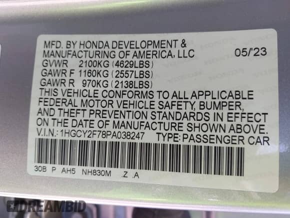 2023 Honda Accord Sport-L with VIN 1HGCY2F78PA038247, listed as a IAAI auction lot 42949624 with 69,209 mi miles and . Bid and sale history available at DreamBid. Image 9.