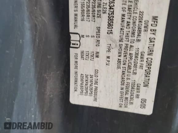 2005 Saturn VUE with VIN 5GZCZ63475S858015, listed as a Copart auction lot 43857935 with 209,229 mi miles and Salvage title. Bid and sale history available at DreamBid. Image 13.