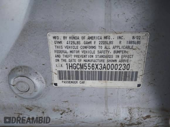 2003 Honda Accord EX z VIN 1HGCM556X3A000230, wystawiony jako IAAI lot #41472952 z przebiegiem 199 500 mil mil oraz . Historia ofert i sprzedaży dostępna na DreamBid. Obrazek 9.