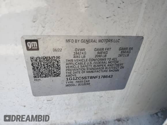 2022 Chevrolet Malibu LS с VIN 1G1ZC5ST8NF178643, выставлен на аукционе Copart как лот 66906275 с пробегом 153 287 миль миль и Списание • Salvage title. История ставок и продаж доступна на DreamBid. Изображение 12.