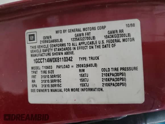 1999 Chevrolet S-10 с VIN 1GCCT14W0X8110342, выставлен на аукционе Copart как лот 42091995 с пробегом 158 107 миль миль и Списание • Salvage title. История ставок и продаж доступна на DreamBid. Изображение 12.