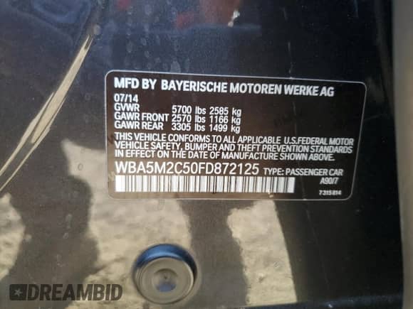 2015 BMW 5 Series 535i Gran Turismo с VIN WBA5M2C50FD872125, выставлен на аукционе Copart как лот 76184974 с пробегом 131 090 миль миль и Списание • Salvage title. История ставок и продаж доступна на DreamBid. Изображение 12.