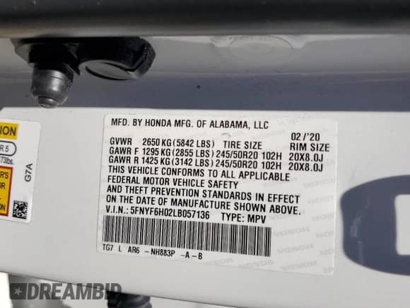 2020 Honda Pilot Elite с VIN 5FNYF6H02LB057136, выставлен на аукционе Copart как лот 62102215 с пробегом 48 377 миль миль и Списание • Salvage title. История ставок и продаж доступна на DreamBid. Изображение 13.