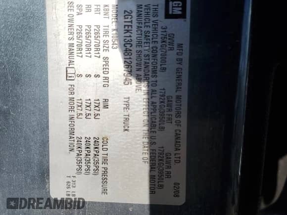 2008 GMC Sierra 1500 SL with VIN 2GTEK13C481267945, listed as a Copart auction lot 89013005 with 286,401 mi miles and Clean title. Bid and sale history available at DreamBid. Image 12.