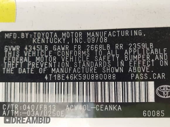 2009 Toyota Camry LE z VIN 4T1BE46K59U880088, wystawiony jako IAAI lot #43210981 z przebiegiem 63 904 mil mil oraz . Historia ofert i sprzedaży dostępna na DreamBid. Obrazek 9.