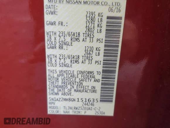 2016 Nissan Murano S with VIN 5N1AZ2MH8GN151635, listed as a Copart auction lot 86210425 with 116,974 mi miles and Salvage title. Bid and sale history available at DreamBid. Image 13.