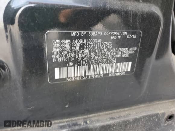 2019 Subaru WRX Premium with VIN JF1VA1C65K9807384, listed as a Copart auction lot 70704595 with 91,698 mi miles and Salvage title. Bid and sale history available at DreamBid. Image 12.