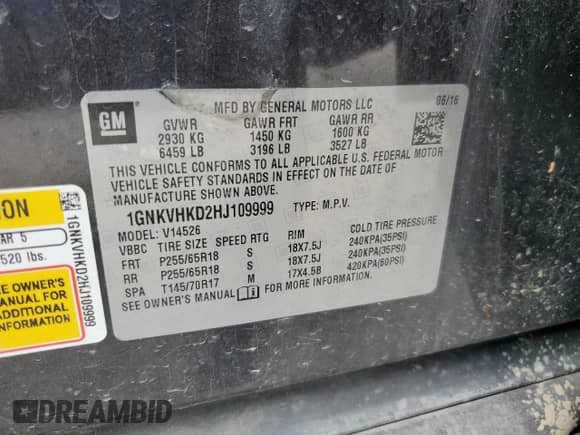 2017 Chevrolet Traverse LT с VIN 1GNKVHKD2HJ109999, выставлен на аукционе Copart как лот 60313775 с пробегом Не указан миль и Списание • Salvage title. История ставок и продаж доступна на DreamBid. Изображение 13.