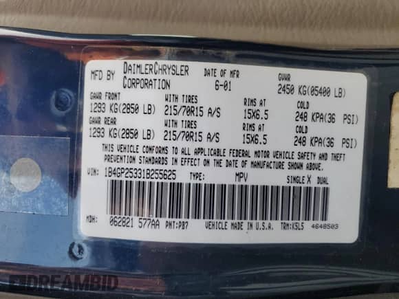 2001 Dodge Caravan SE with VIN 1B4GP25331B255625, listed as a Copart auction lot 53805425 with 194,220 mi miles and Salvage title. Bid and sale history available at DreamBid. Image 14.