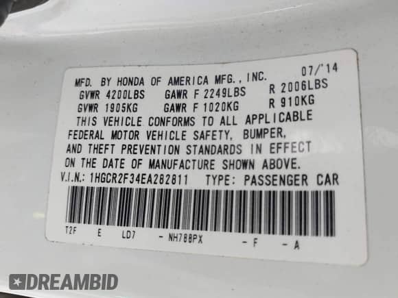 2014 Honda Accord LX z VIN 1HGCR2F34EA282811, wystawiony jako IAAI lot #39199861 z przebiegiem 88 573 mil mil oraz . Historia ofert i sprzedaży dostępna na DreamBid. Obrazek 9.