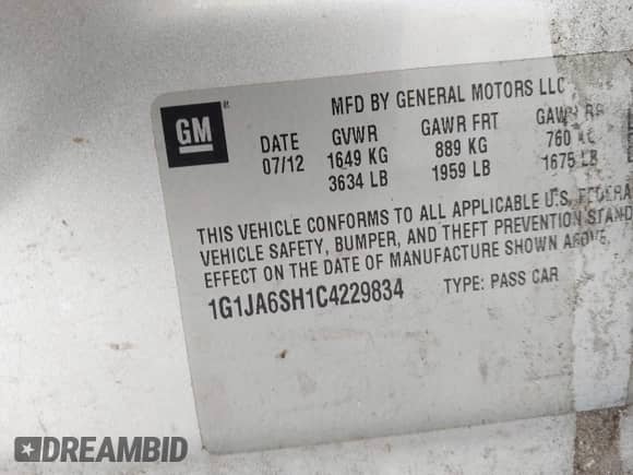 2012 Chevrolet Sonic LS z VIN 1G1JA6SH1C4229834, wystawiony jako IAAI lot #43034050 z przebiegiem 153 583 mil mil oraz . Historia ofert i sprzedaży dostępna na DreamBid. Obrazek 9.