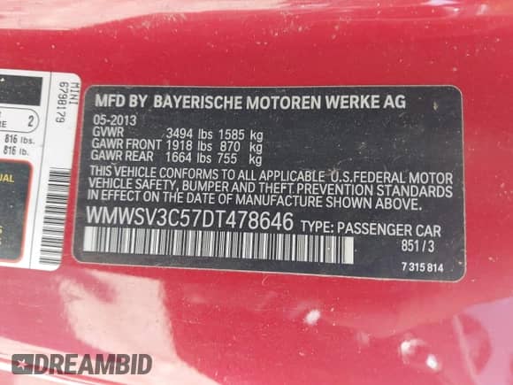 2013 MINI Hardtop S with VIN WMWSV3C57DT478646, listed as a IAAI auction lot 42458167 with 112,784 mi miles and . Bid and sale history available at DreamBid. Image 9.