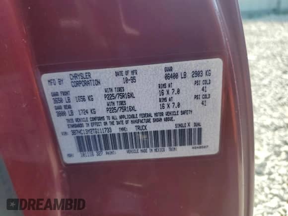 1996 Dodge 1500 с VIN 3B7HC13Y2TG111733, выставлен на аукционе Copart как лот 64797443 с пробегом 95 567 миль миль и Списание • Salvage title. История ставок и продаж доступна на DreamBid. Изображение 12.