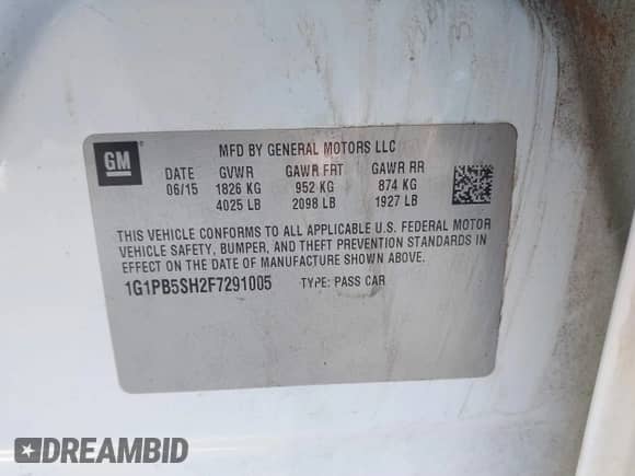 2015 Chevrolet Cruze LS with VIN 1G1PB5SH2F7291005, listed as a IAAI auction lot 41262811 with 112,153 mi miles and . Bid and sale history available at DreamBid. Image 9.