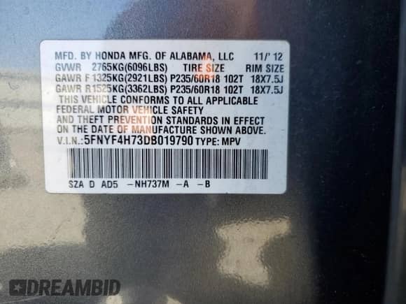 2013 Honda Pilot EX-L with VIN 5FNYF4H73DB019790, listed as a Copart auction lot 70874575 with 150,357 mi miles and Salvage title. Bid and sale history available at DreamBid. Image 14.