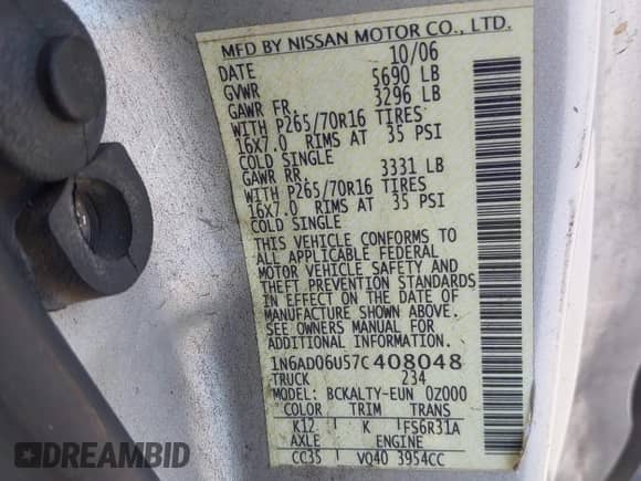 2007 Nissan Frontier SE with VIN 1N6AD06U57C408048, listed as a IAAI auction lot 42632488 with 126,974 mi miles and . Bid and sale history available at DreamBid. Image 9.