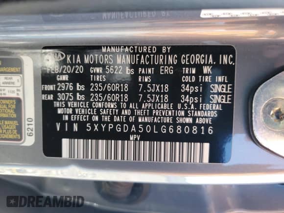 2020 Kia Sorento S with VIN 5XYPGDA50LG680816, listed as a Copart auction lot 68707875 with 50,004 mi miles and Non repairable. Bid and sale history available at DreamBid. Image 13.