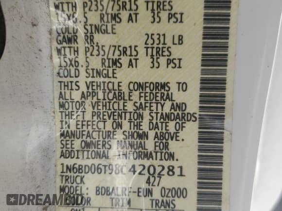 2008 Nissan Frontier XE with VIN 1N6BD06T98C420281, listed as a Copart auction lot 68039905 with 126,419 mi miles and Salvage title. Bid and sale history available at DreamBid. Image 12.