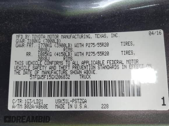 2016 Toyota Tundra Platinum with VIN 5TFGW5F15GX206832, listed as a IAAI auction lot 42657689 with 101,462 mi miles and . Bid and sale history available at DreamBid. Image 9.