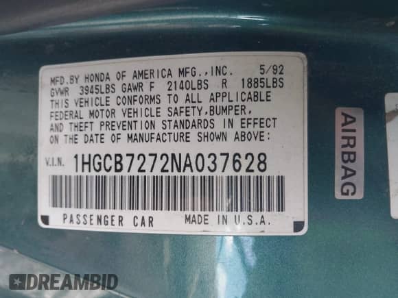 1992 Honda Accord с VIN 1HGCB7272NA037628, выставлен на аукционе IAAI как лот 42052229 с пробегом 248 632 миль миль и . История ставок и продаж доступна на DreamBid. Изображение 9.