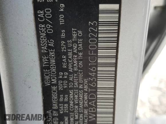 2001 BMW 5 Series 530i с VIN WBADT63461CF00223, выставлен на аукционе Copart как лот 61394115 с пробегом 156 273 миль миль и Списание • Salvage title. История ставок и продаж доступна на DreamBid. Изображение 12.