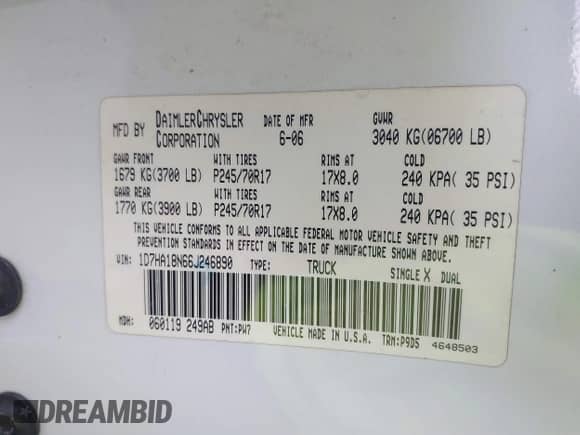 2006 Dodge 1500 ST z VIN 1D7HA18N66J246890, wystawiony jako IAAI lot #41872420 z przebiegiem 308 796 mil mil oraz . Historia ofert i sprzedaży dostępna na DreamBid. Obrazek 9.