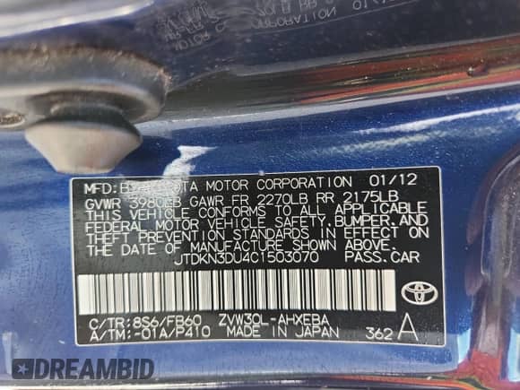2012 Toyota Prius Three with VIN JTDKN3DU4C1503070, listed as a Copart auction lot 70491285 with 172,675 mi miles and Salvage title. Bid and sale history available at DreamBid. Image 13.