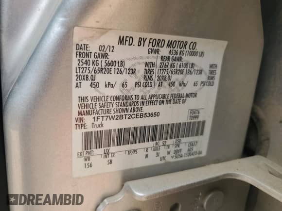 2012 Ford F-250 XL с VIN 1FT7W2BT2CEB53650, выставлен на аукционе Copart как лот 81060285 с пробегом 294 859 миль миль и Списание • Salvage title. История ставок и продаж доступна на DreamBid. Изображение 12.