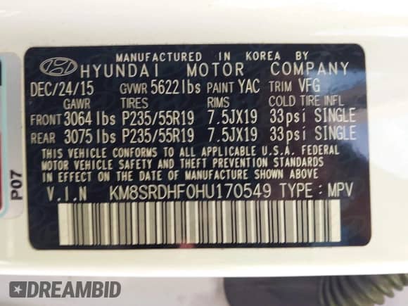 2017 Hyundai Santa Fe Limited Ultimate with VIN KM8SRDHF0HU170549, listed as a IAAI auction lot 43142599 with 126,299 mi miles and . Bid and sale history available at DreamBid. Image 9.