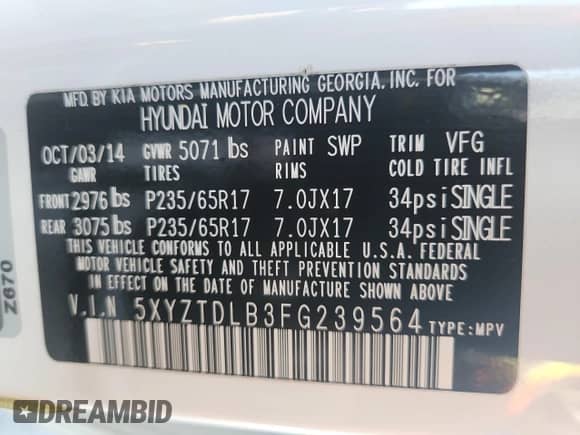 2015 Hyundai Santa Fe with VIN 5XYZTDLB3FG239564, listed as a Copart auction lot 84286645 with 109,251 mi miles and Salvage title. Bid and sale history available at DreamBid. Image 13.