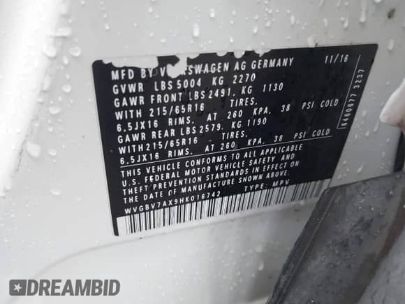 2017 Volkswagen Tiguan S с VIN WVGBV7AX9HK016742, выставлен на аукционе IAAI как лот 43278944 с пробегом 85 243 миль миль и . История ставок и продаж доступна на DreamBid. Изображение 9.