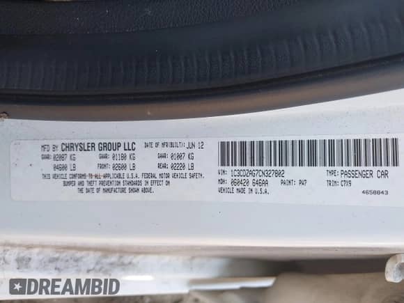 2012 Dodge Avenger SE with VIN 1C3CDZAG7CN327802, listed as a IAAI auction lot 43276853 with 88,919 mi miles and . Bid and sale history available at DreamBid. Image 9.