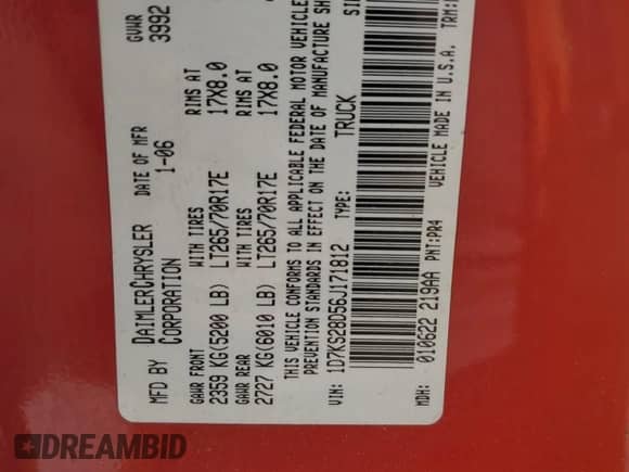 2006 Dodge 2500 SLT with VIN 1D7KS28D56J171812, listed as a Copart auction lot 64180555 with 118,486 mi miles and Salvage title. Bid and sale history available at DreamBid. Image 12.