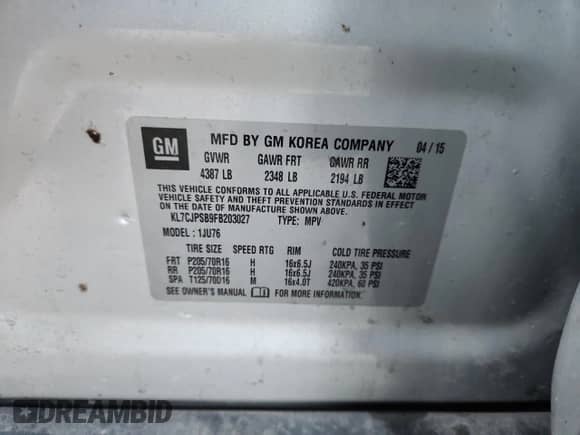 2015 Chevrolet Trax LS with VIN KL7CJPSB9FB203027, listed as a Copart auction lot 86998695 with 105,059 mi miles and Salvage title. Bid and sale history available at DreamBid. Image 13.