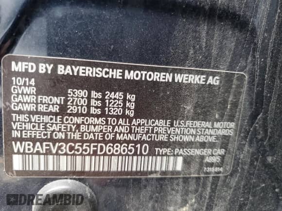 2015 BMW 5 Series 535d xDrive z VIN WBAFV3C55FD686510, wystawiony jako Copart lot #51404955 z przebiegiem 160 341 mil mil oraz Szkoda całkowita • Salvage title. Historia ofert i sprzedaży dostępna na DreamBid. Obrazek 12.