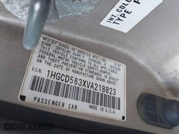 1997 Honda Accord LX with VIN 1HGCD563XVA218823, listed as a IAAI auction lot 42811390 with 92,832 mi miles and . Bid and sale history available at DreamBid. Image 9.