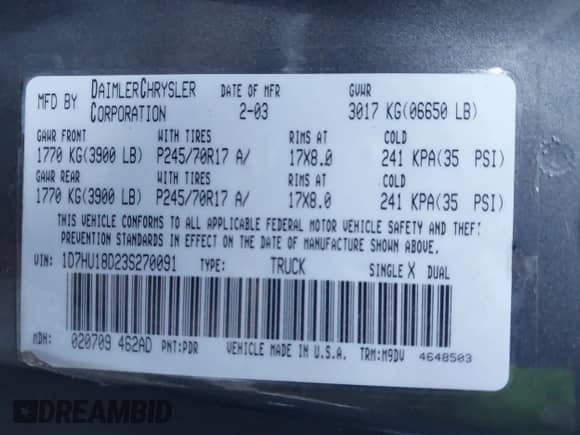 2003 Dodge 1500 ST z VIN 1D7HU18D23S270091, wystawiony jako IAAI lot #41801782 z przebiegiem 232 865 mil mil oraz . Historia ofert i sprzedaży dostępna na DreamBid. Obrazek 9.