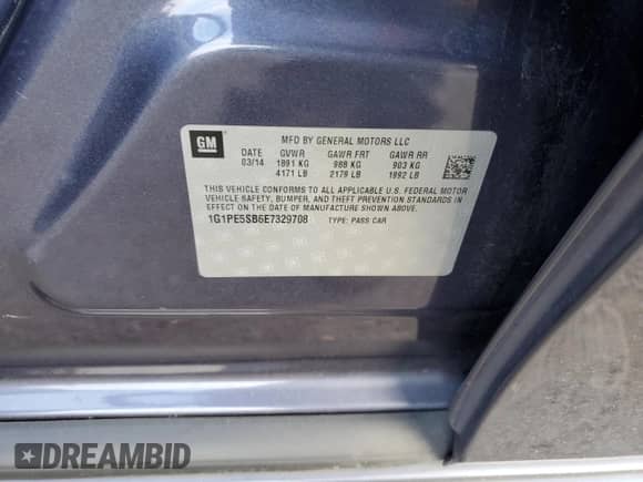 2014 Chevrolet Cruze 2LT with VIN 1G1PE5SB6E7329708, listed as a Copart auction lot 84977645 with Not provided miles and Salvage title. Bid and sale history available at DreamBid. Image 12.