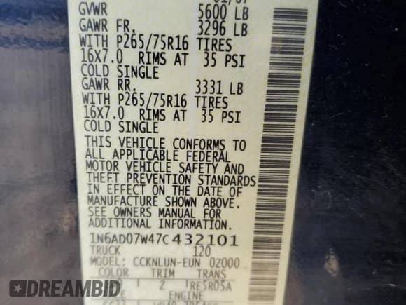 2007 Nissan Frontier Nismo with VIN 1N6AD07W47C432101, listed as a Copart auction lot 69925045 with 193,146 mi miles and Salvage title. Bid and sale history available at DreamBid. Image 12.