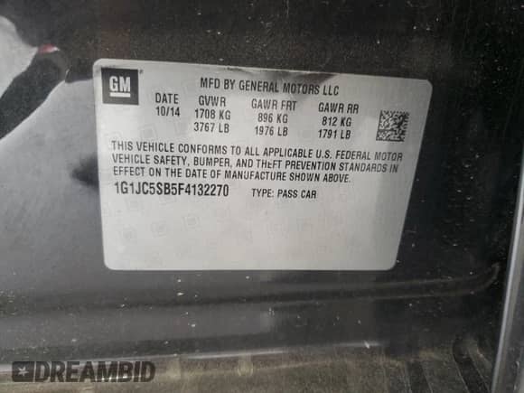 2015 Chevrolet Sonic LT с VIN 1G1JC5SB5F4132270, выставлен на аукционе Copart как лот 51223175 с пробегом 138 644 миль миль и Списание • Salvage title. История ставок и продаж доступна на DreamBid. Изображение 12.