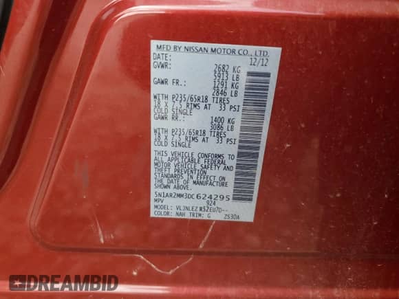 2013 Nissan Pathfinder SV с VIN 5N1AR2MM3DC624295, выставлен на аукционе Copart как лот 69052525 с пробегом 209 861 миль миль и Чистый • Clean title. История ставок и продаж доступна на DreamBid. Изображение 13.