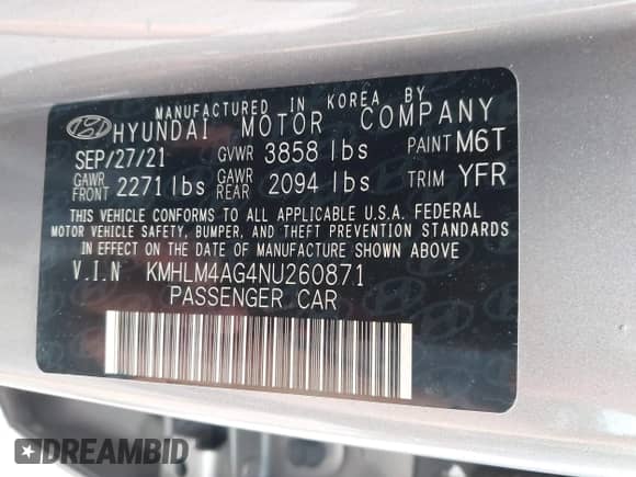 2022 Hyundai Elantra SEL with VIN KMHLM4AG4NU260871, listed as a IAAI auction lot 42869156 with 33,597 mi miles and . Bid and sale history available at DreamBid. Image 9.