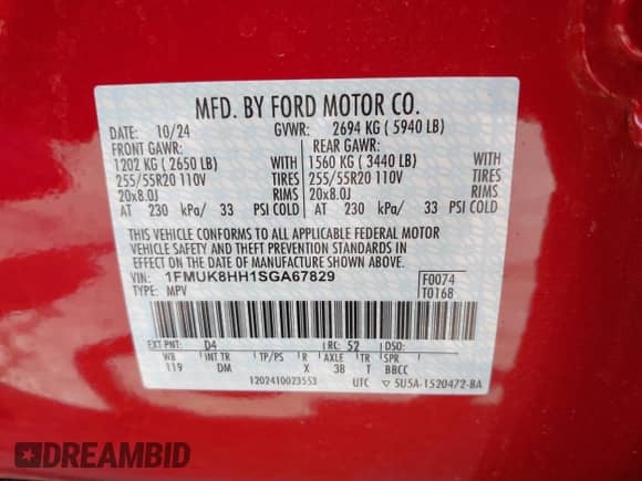 2025 Ford Explorer Platinum with VIN 1FMUK8HH1SGA67829, listed as a IAAI auction lot 42559654 with 7,240 mi miles and . Bid and sale history available at DreamBid. Image 9.