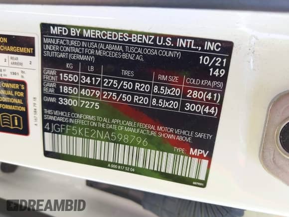 2022 Mercedes-Benz GLS 450 with VIN 4JGFF5KE2NA598796, listed as a IAAI auction lot 42678765 with 42,077 mi miles and . Bid and sale history available at DreamBid. Image 9.
